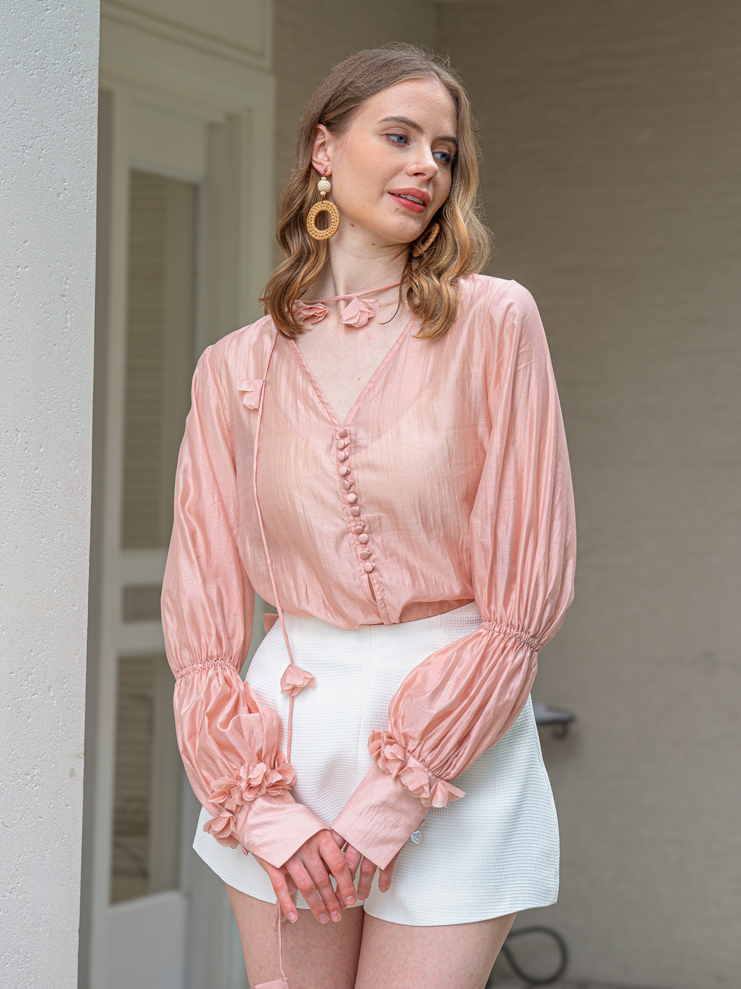 Peach Blossom Sheer Blouson Sleeve Drawstring Top (2S-2M-2L)