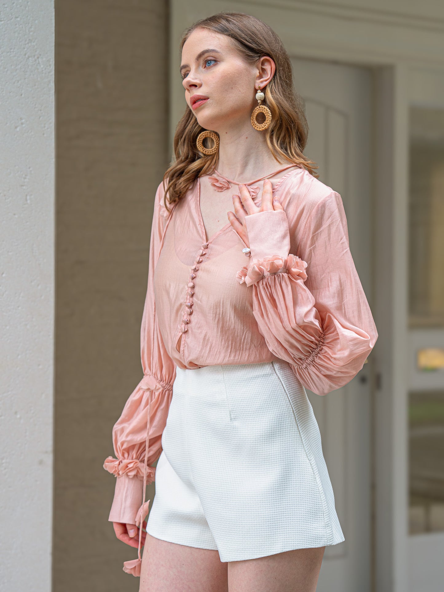 Peach Blossom Sheer Blouson Sleeve Drawstring Top (2S-2M-2L)