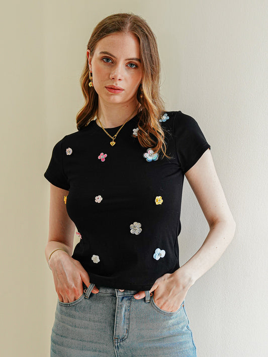 Jeweled 3D Floral Black T-Shirt (2S-2M-2L)