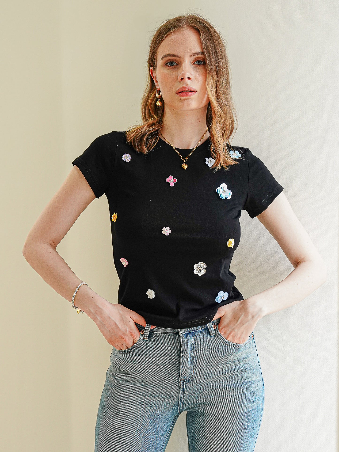 Jeweled 3D Floral Black T-Shirt (2S-2M-2L)