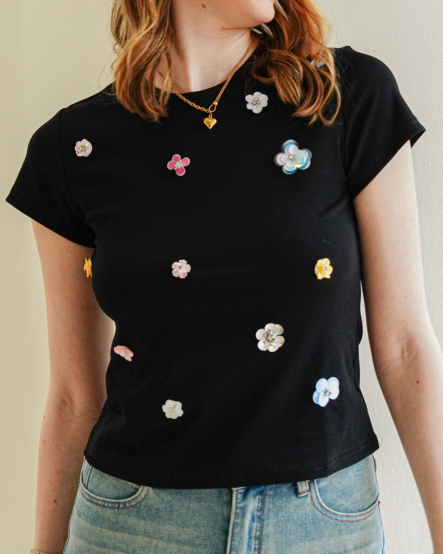 Jeweled 3D Floral Black T-Shirt (2S-2M-2L)