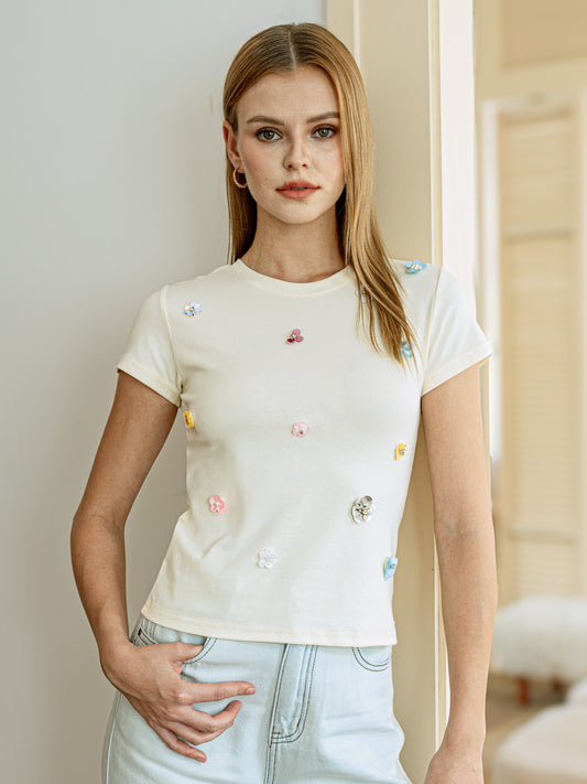 Jeweled 3D Floral White T-Shirt (2S-2M-2L)