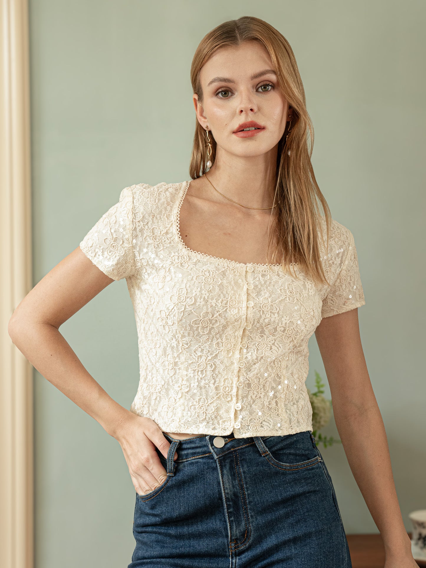 Sequin Vintage Lace Button-Down Top (2S-2M-2L)