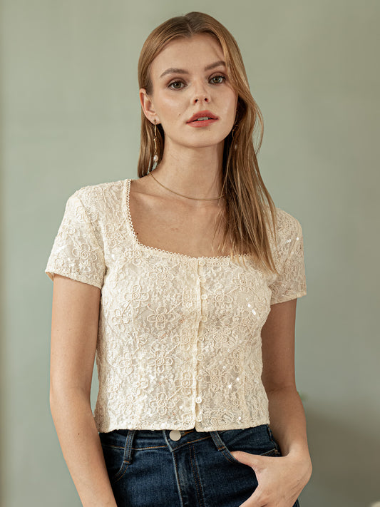 Sequin Vintage Lace Button-Down Top (2S-2M-2L)