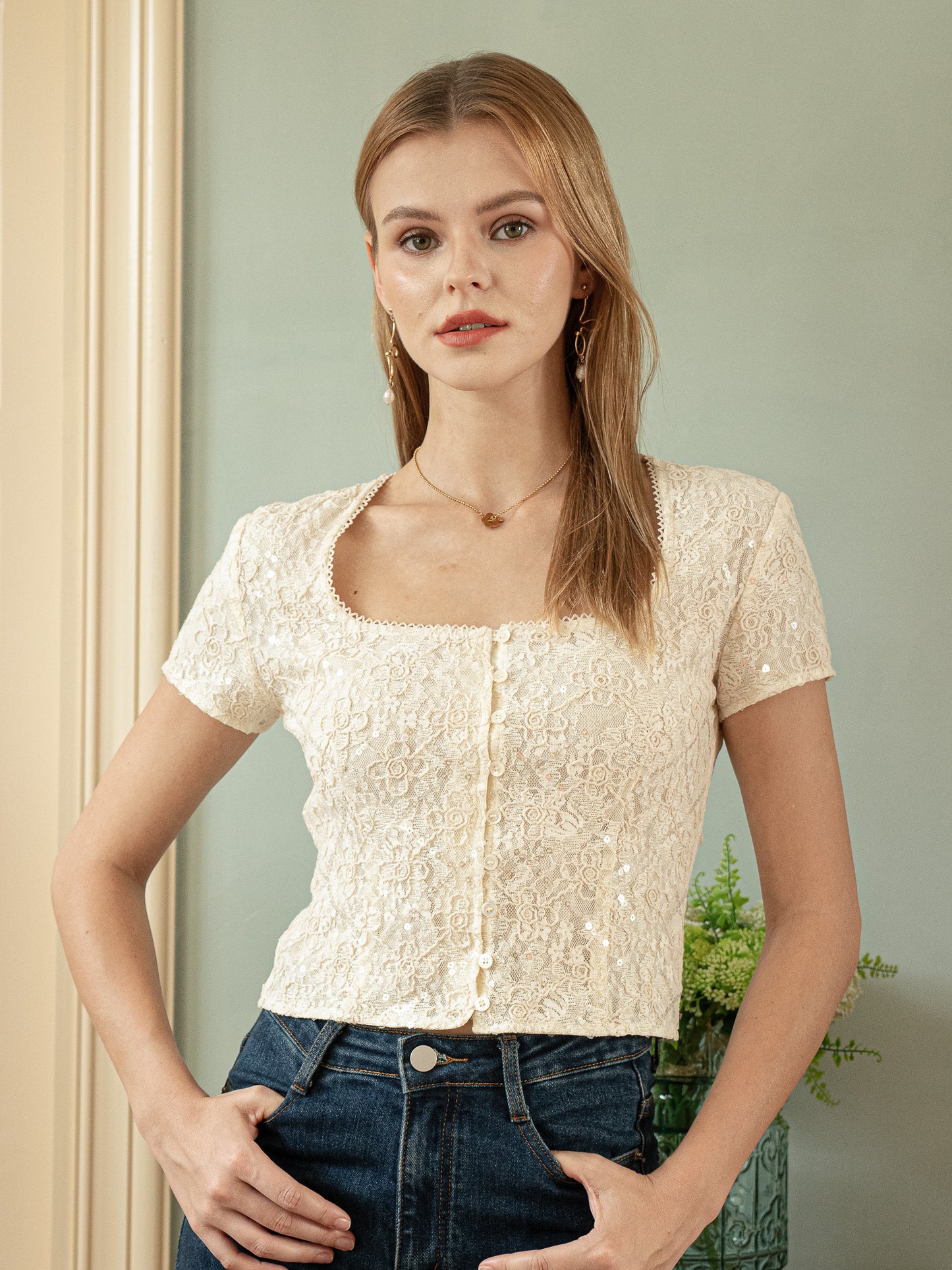 Sequin Vintage Lace Button-Down Top (2S-2M-2L)