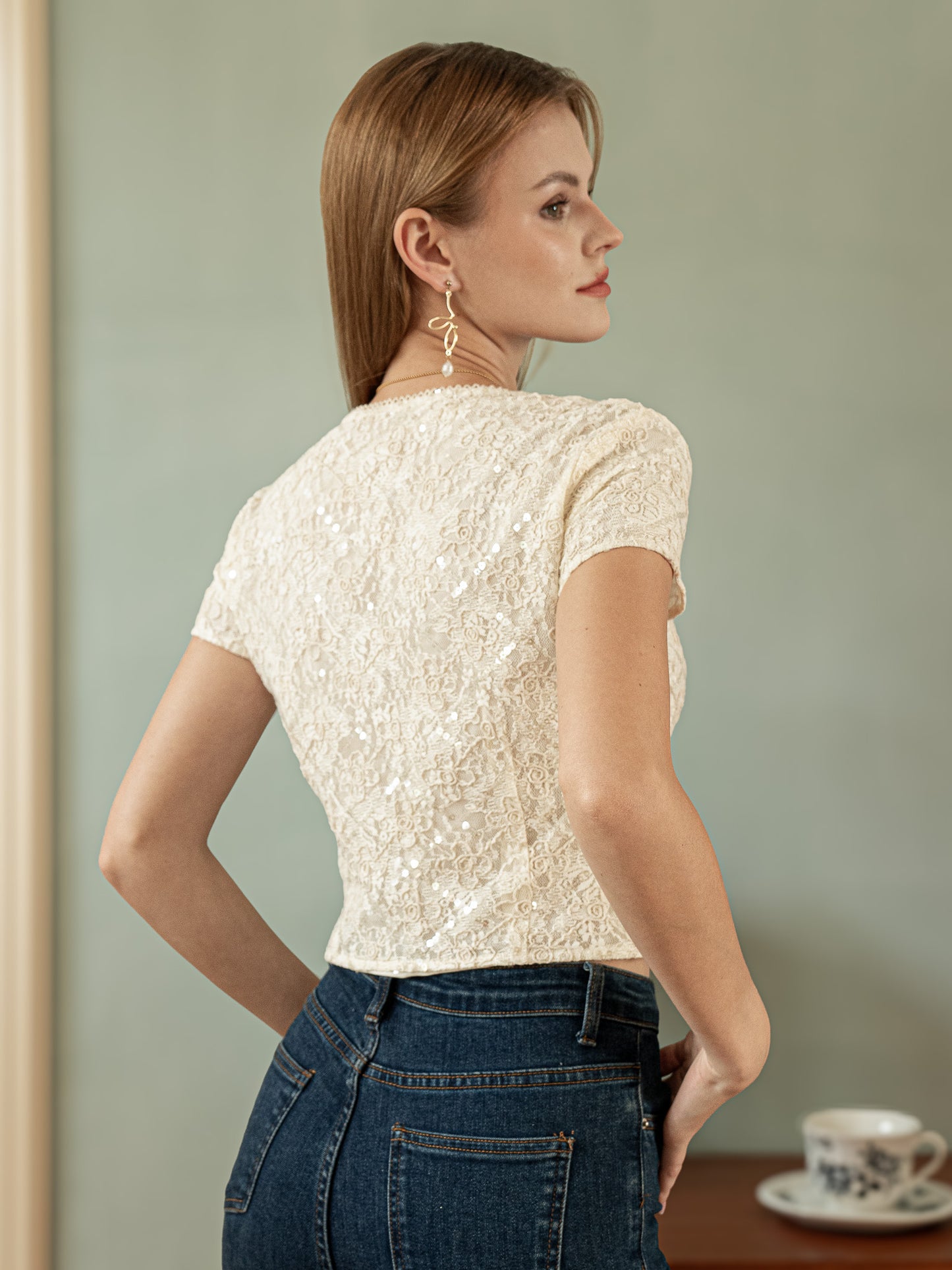 Sequin Vintage Lace Button-Down Top (2S-2M-2L)