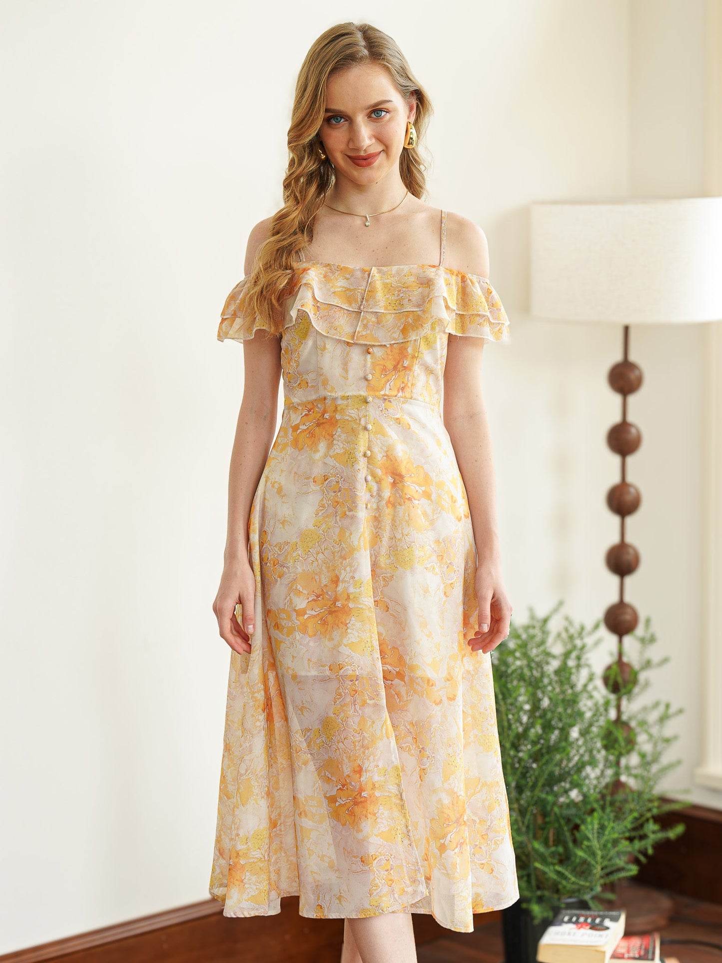 Golden Blossom Ruffle Midi Dress (2S-2M-2L)