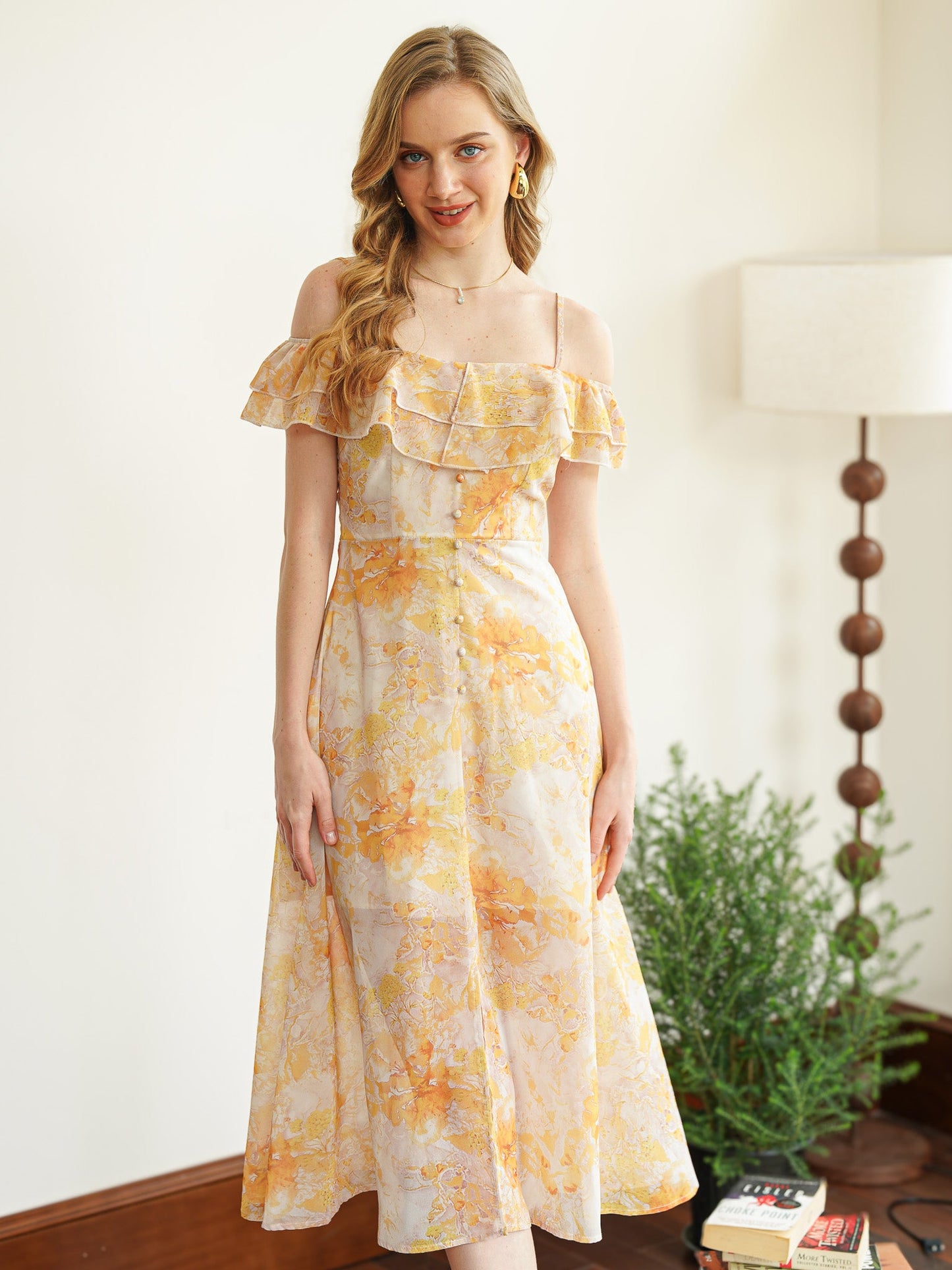 Golden Blossom Ruffle Midi Dress (2S-2M-2L)