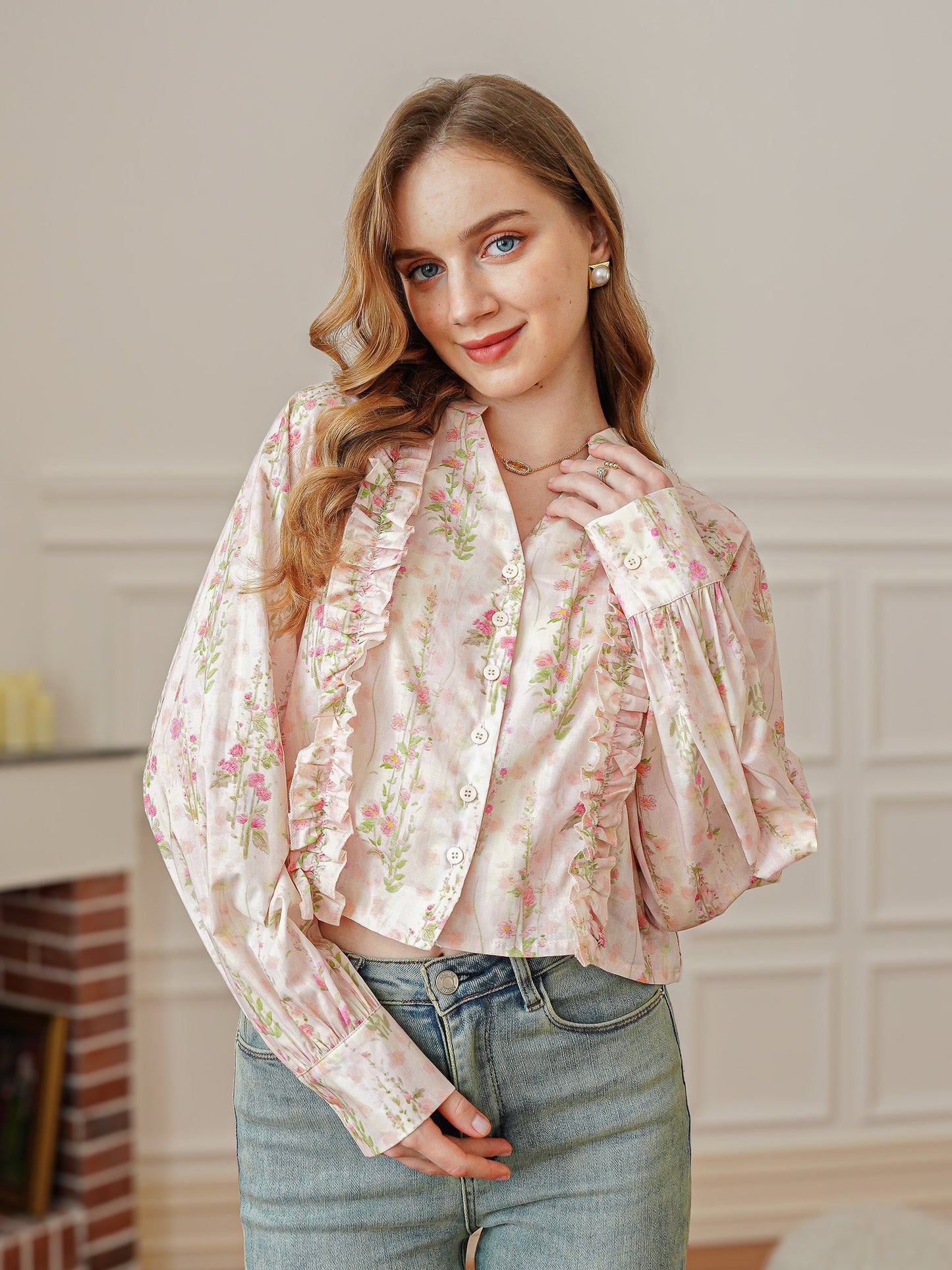 Spring Floral Ruffled Long-Sleeve Blouse (2S-2M-2L)