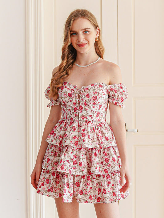 Off-Shoulder Floral Tiered Mini Dress (2S-2M-2L)