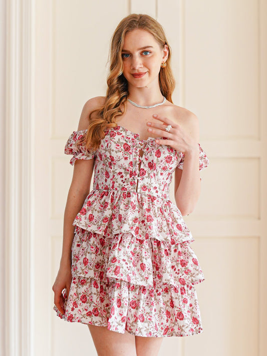 Off-Shoulder Floral Tiered Mini Dress (2S-2M-2L)