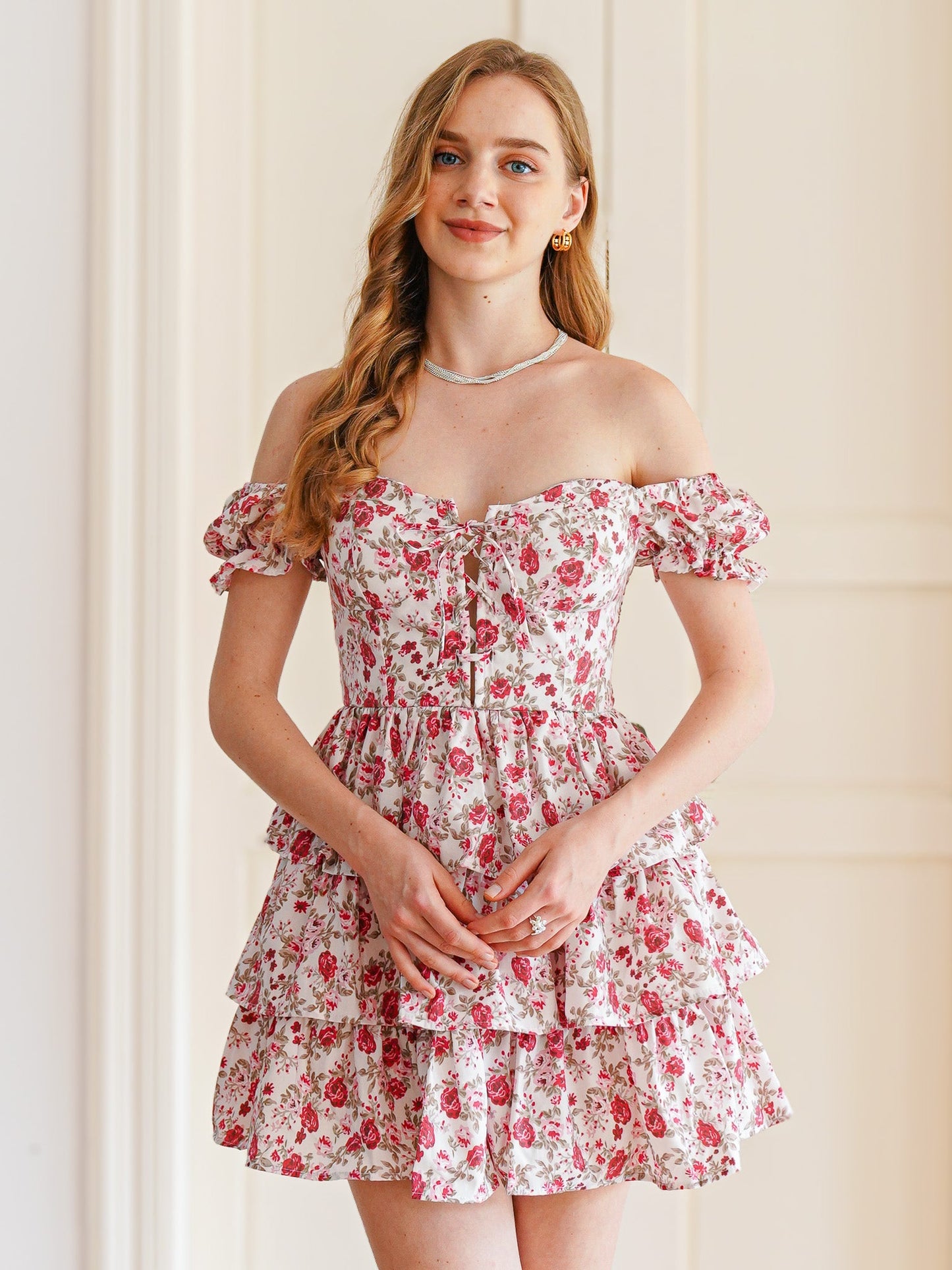 Off-Shoulder Floral Tiered Mini Dress (2S-2M-2L)