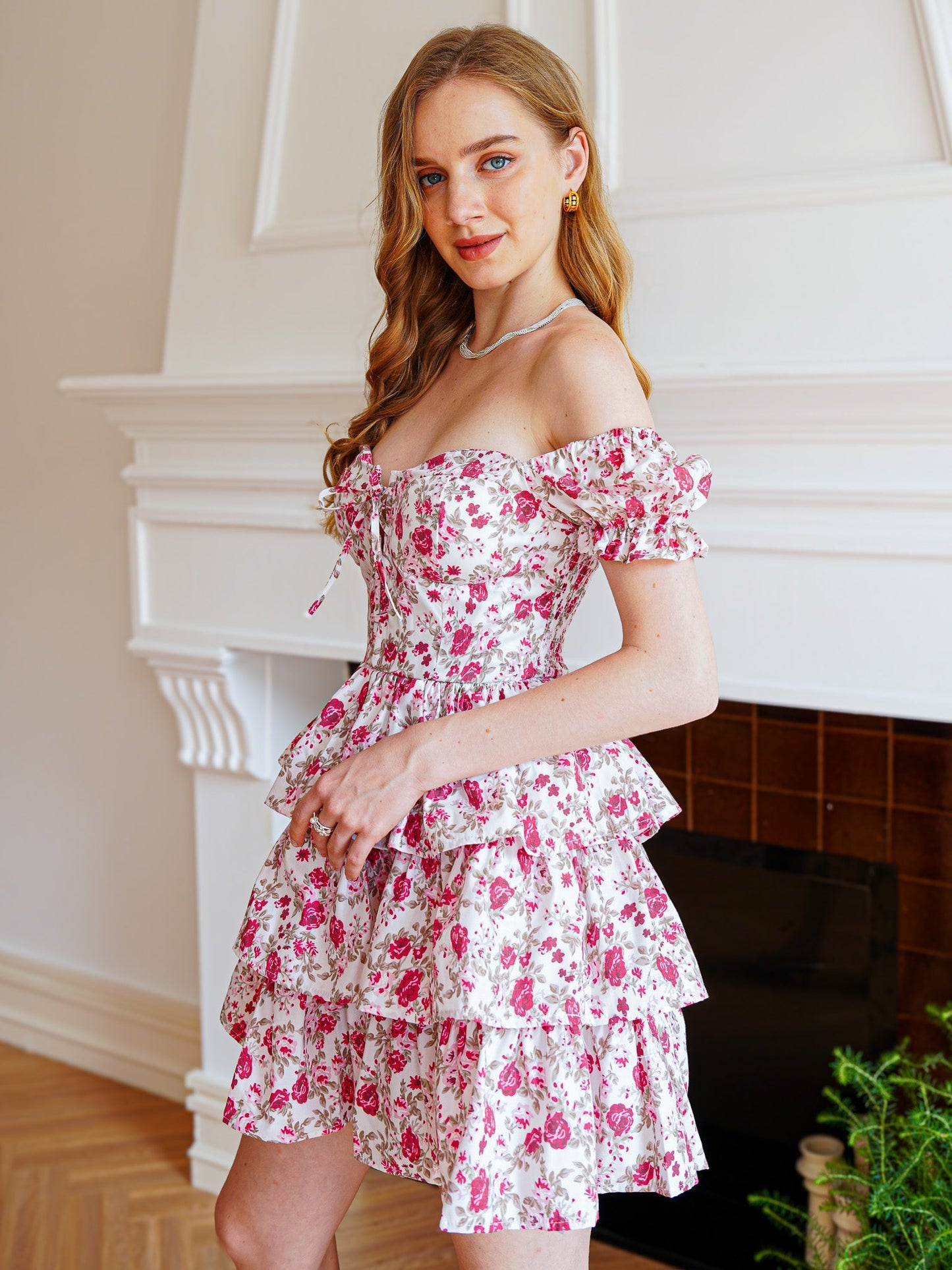 Off-Shoulder Floral Tiered Mini Dress (2S-2M-2L)