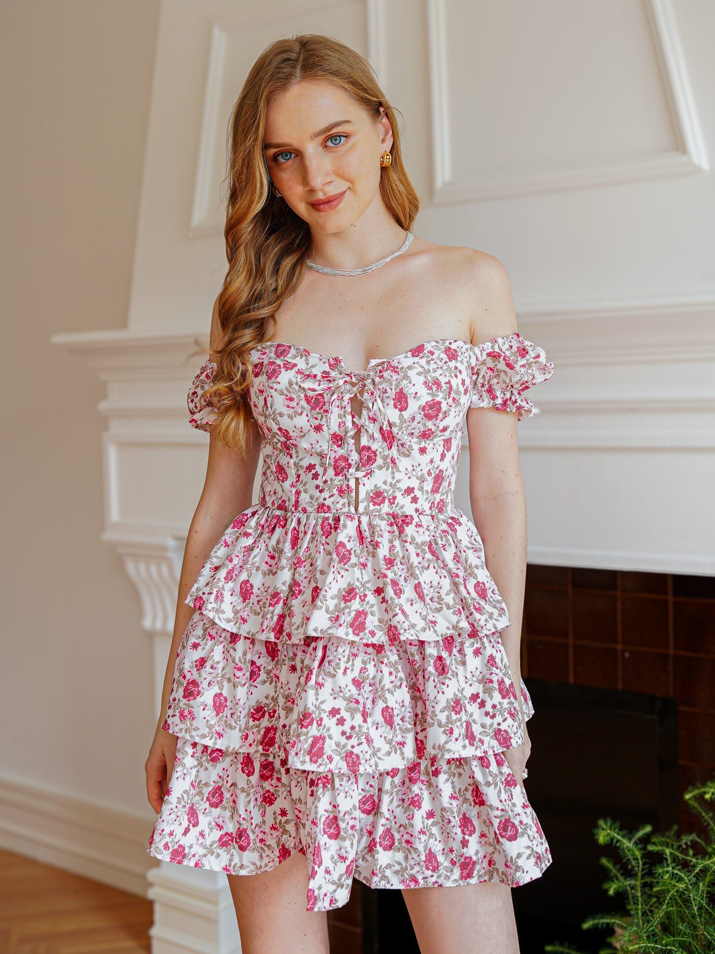 Off-Shoulder Floral Tiered Mini Dress (2S-2M-2L)