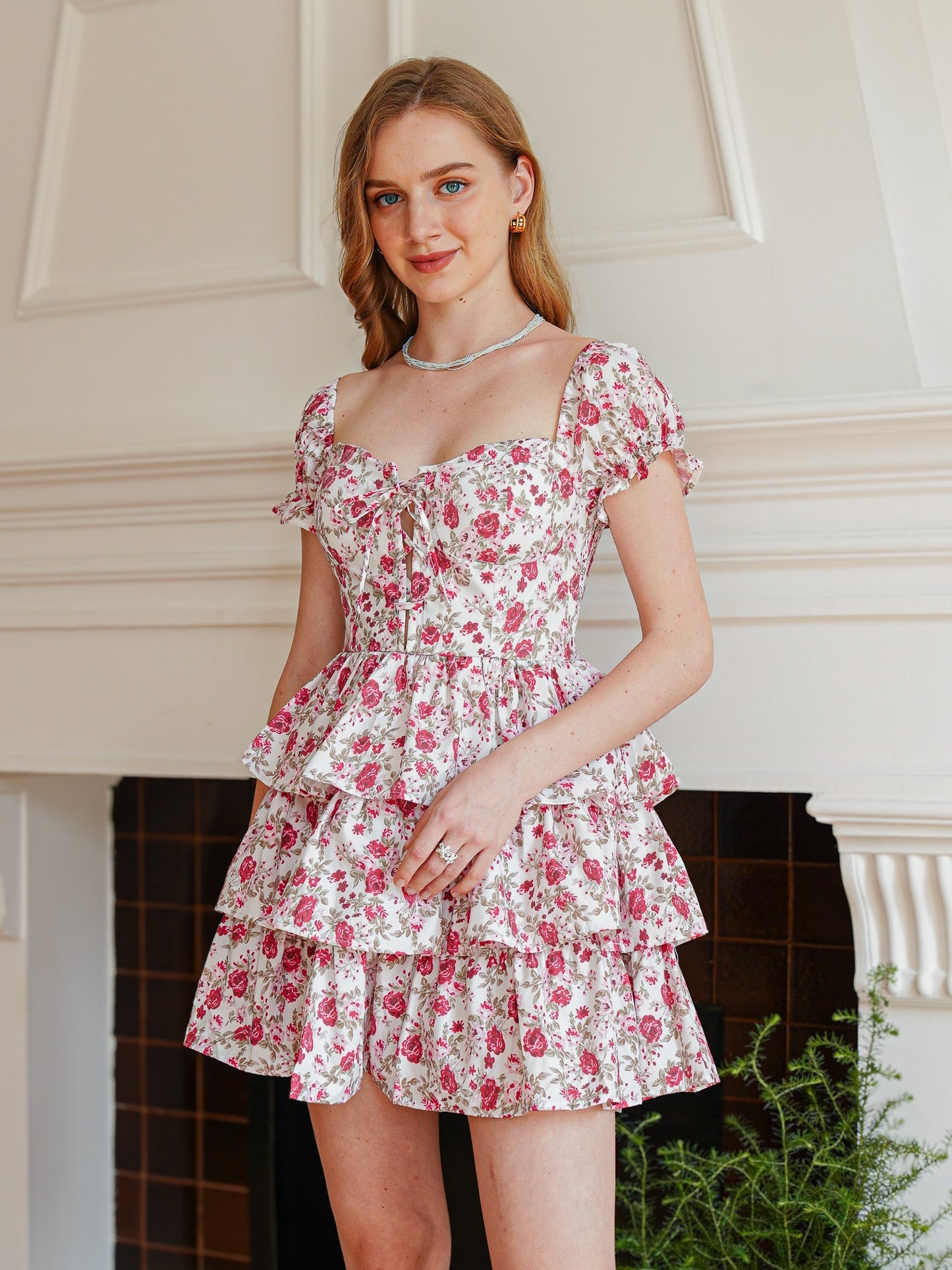 Off-Shoulder Floral Tiered Mini Dress (2S-2M-2L)