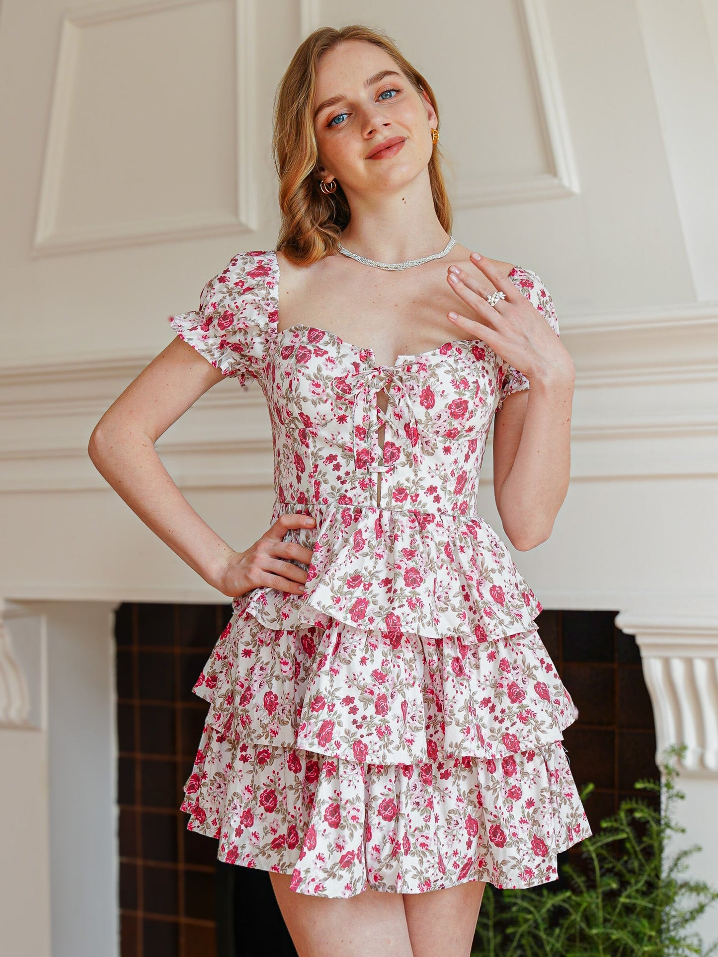 Off-Shoulder Floral Tiered Mini Dress (2S-2M-2L)