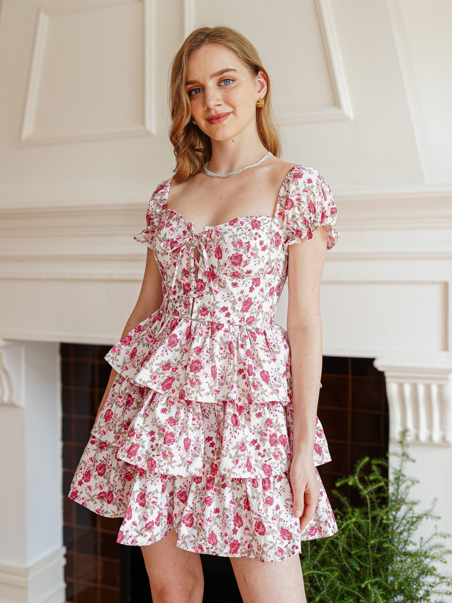 Off-Shoulder Floral Tiered Mini Dress (2S-2M-2L)