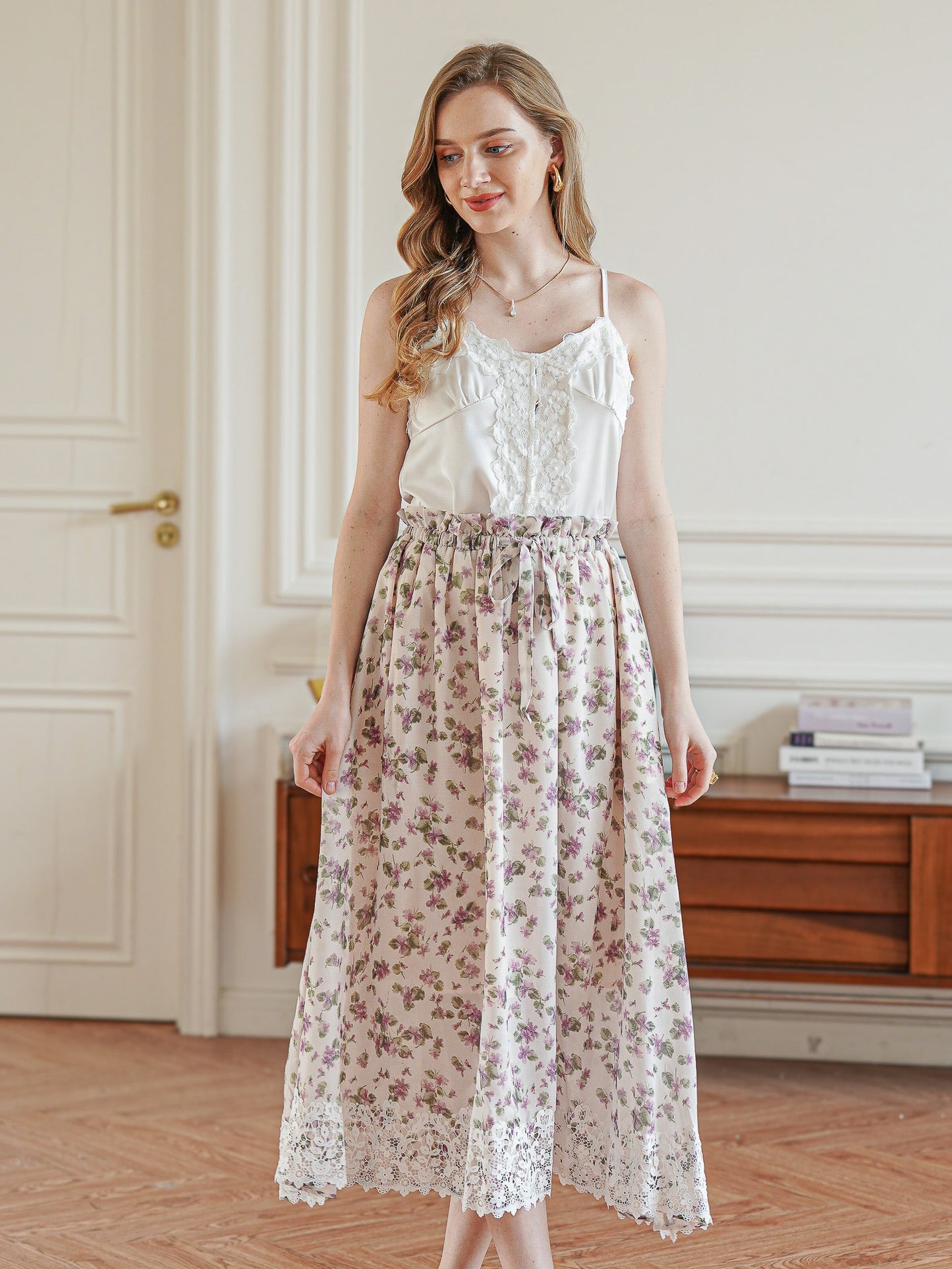 Vintage Blossom Lace-Trimmed Midi Skirt (2S-2M-2L)