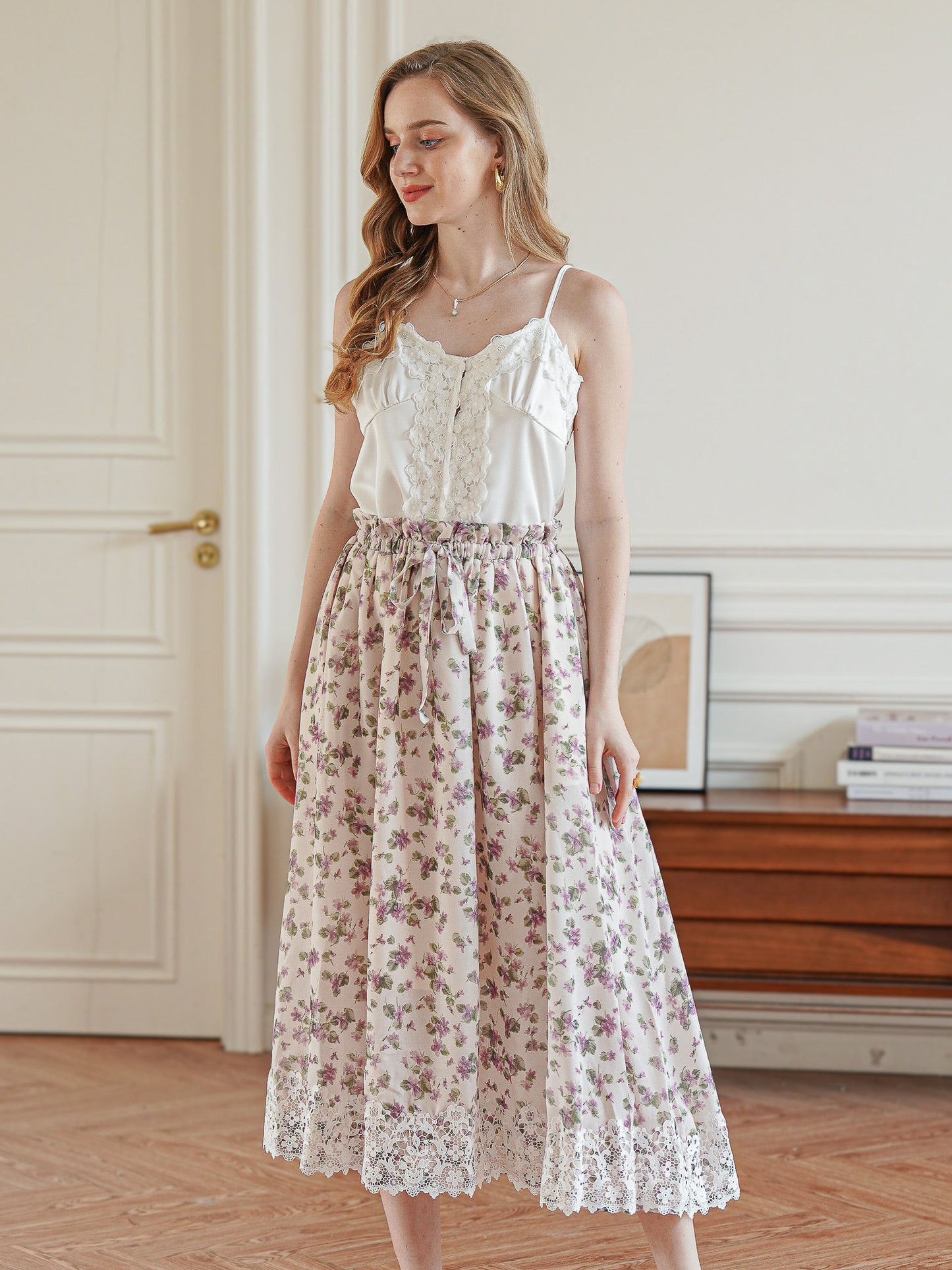 Vintage Blossom Lace-Trimmed Midi Skirt (2S-2M-2L)