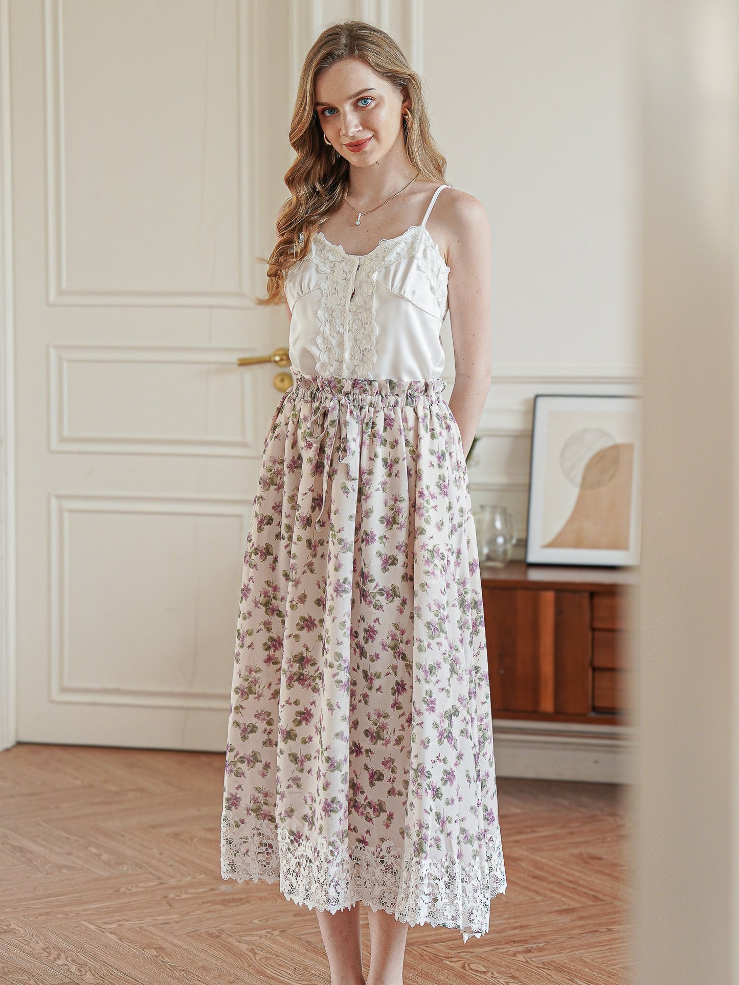 Vintage Blossom Lace-Trimmed Midi Skirt (2S-2M-2L)