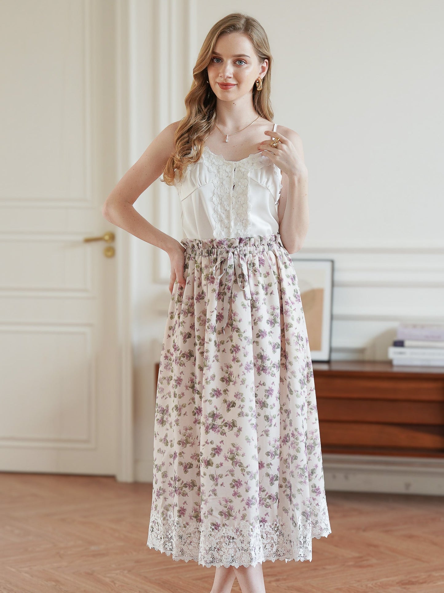 Vintage Blossom Lace-Trimmed Midi Skirt (2S-2M-2L)