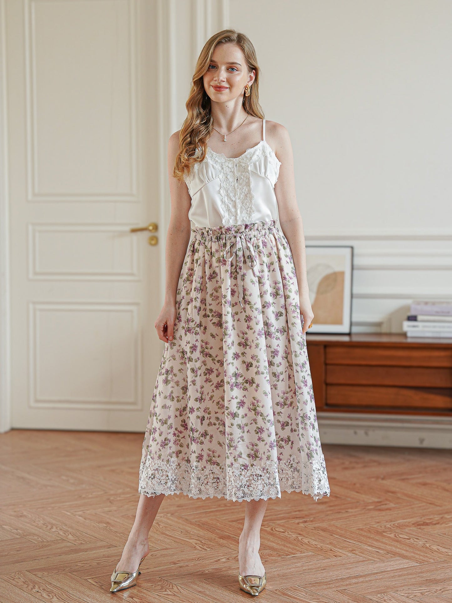 Vintage Blossom Lace-Trimmed Midi Skirt (2S-2M-2L)