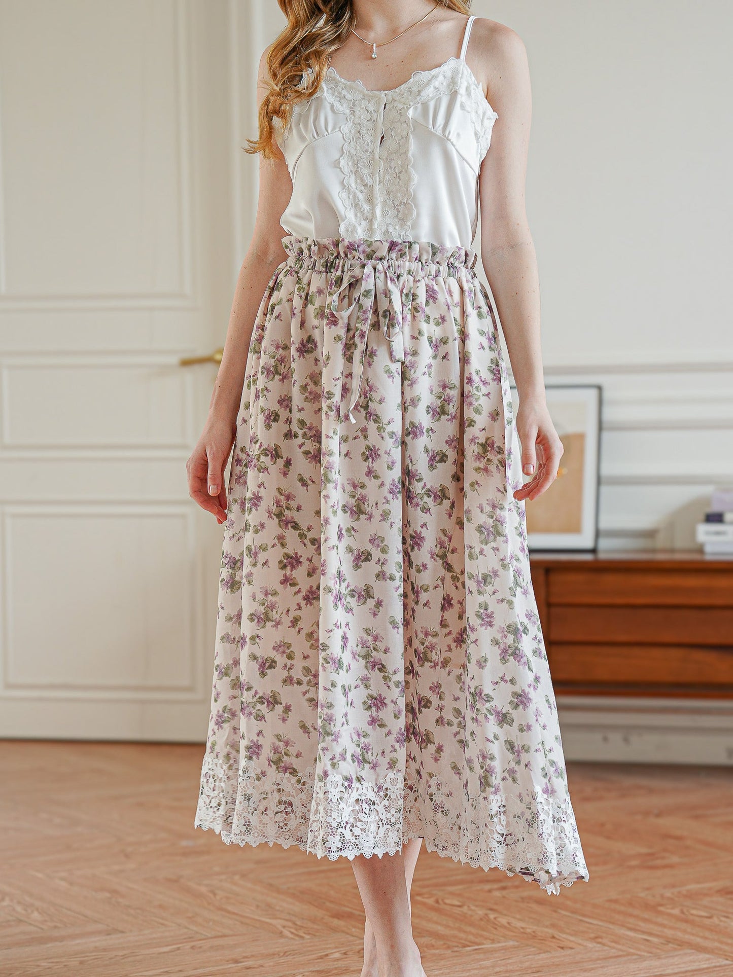 Vintage Blossom Lace-Trimmed Midi Skirt (2S-2M-2L)