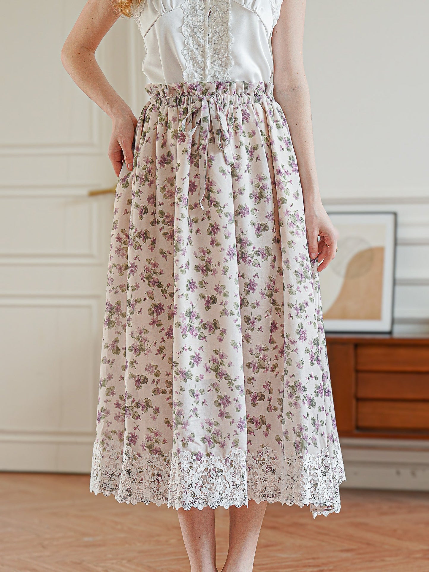 Vintage Blossom Lace-Trimmed Midi Skirt (2S-2M-2L)