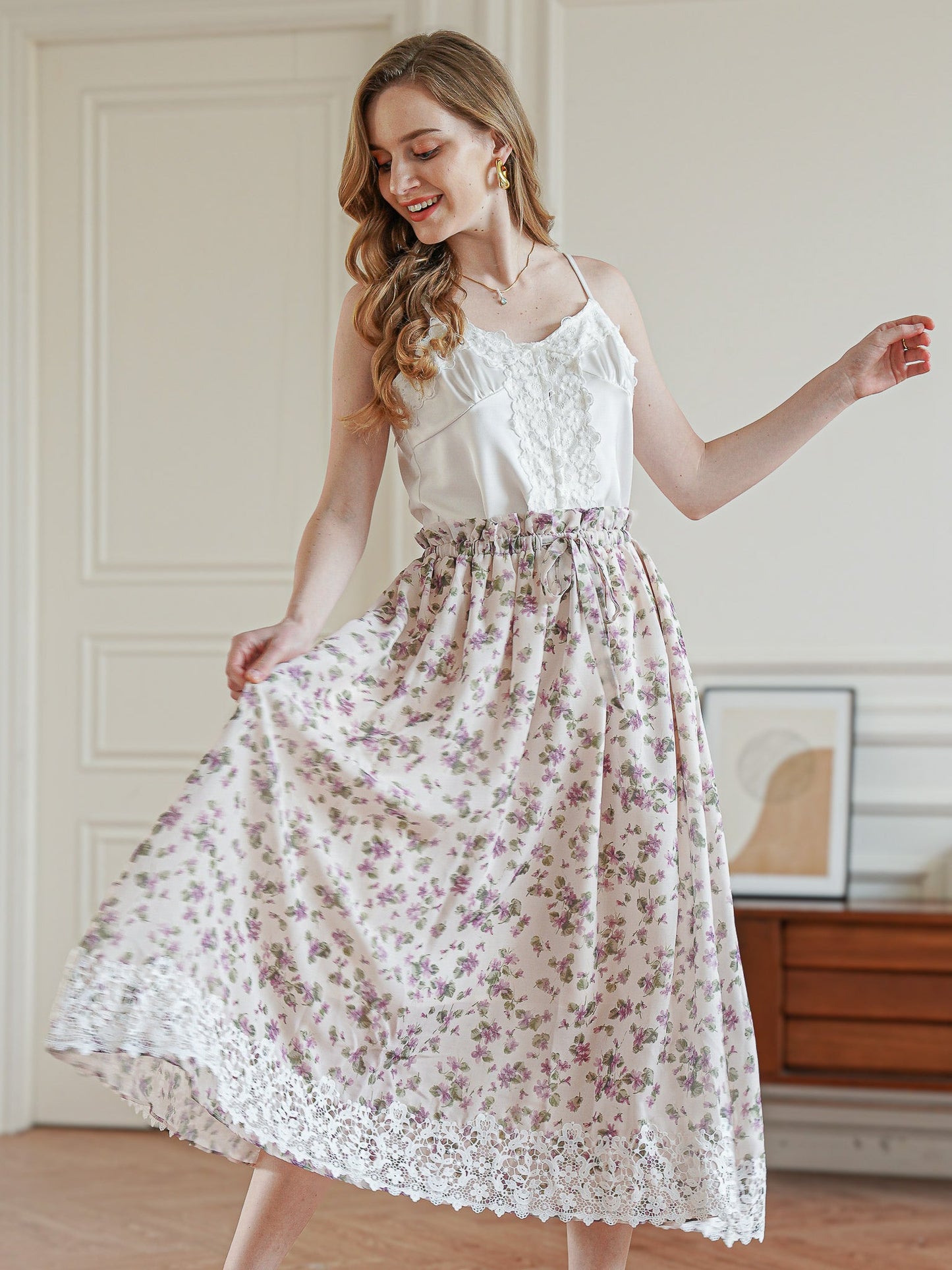 Vintage Blossom Lace-Trimmed Midi Skirt (2S-2M-2L)