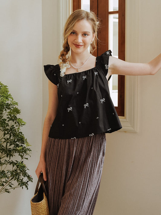 Bow-Embellished Ruffle Sleeve Top (2S-2M-2L)