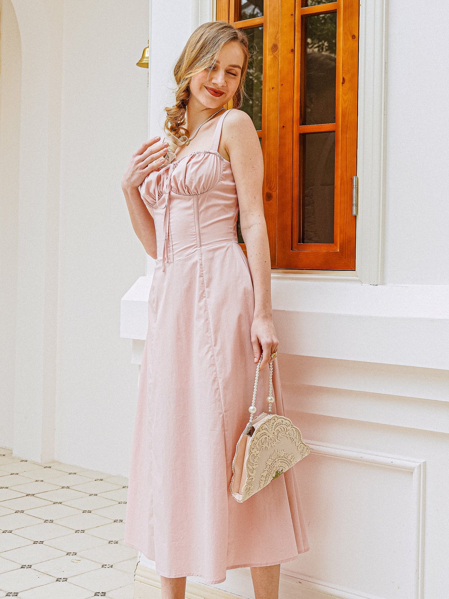 Blush Pink Ruched Bodice Midi Dress (2S-2M-2L)