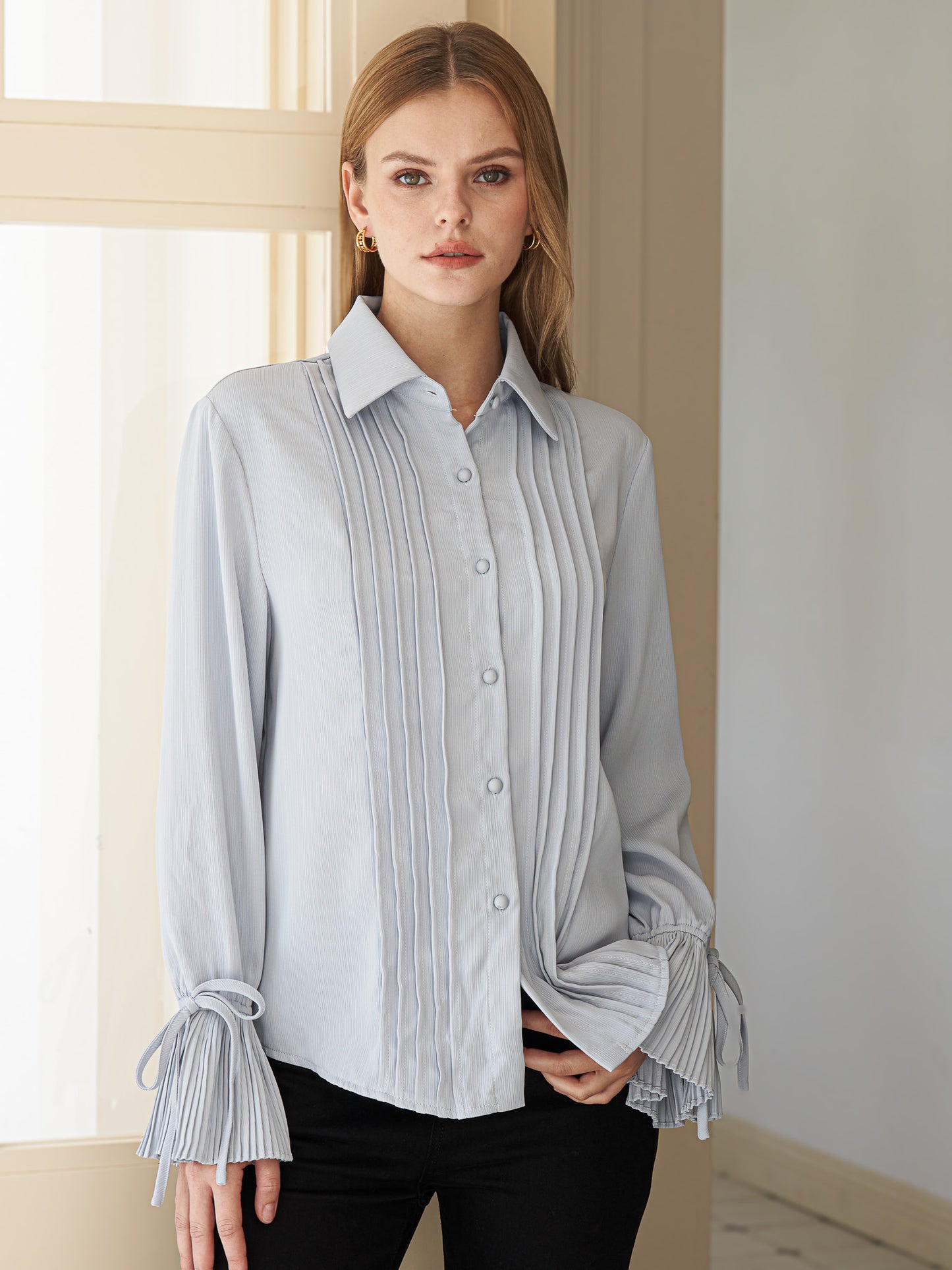 Pleated Cuff Button-Up Blouse (2S-2M-2L)