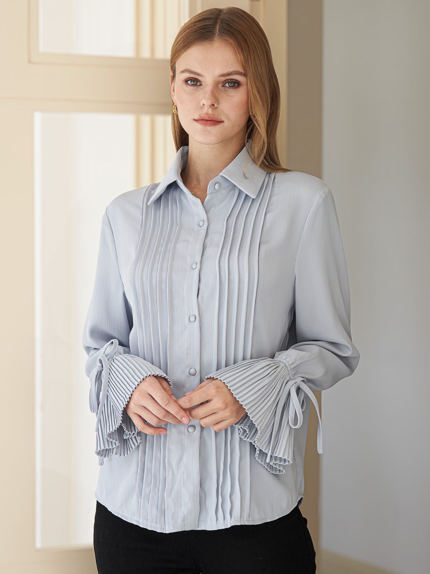 Pleated Cuff Button-Up Blouse (2S-2M-2L)