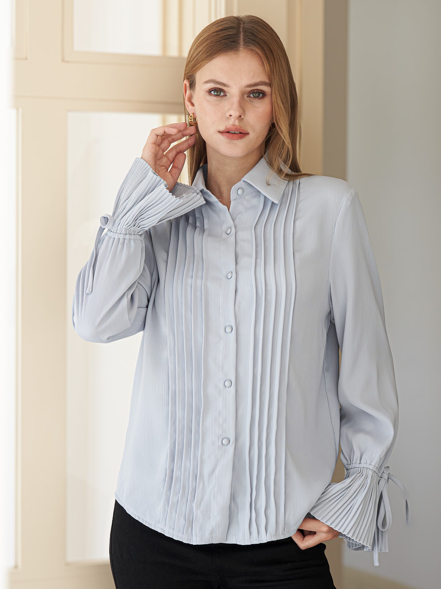 Pleated Cuff Button-Up Blouse (2S-2M-2L)