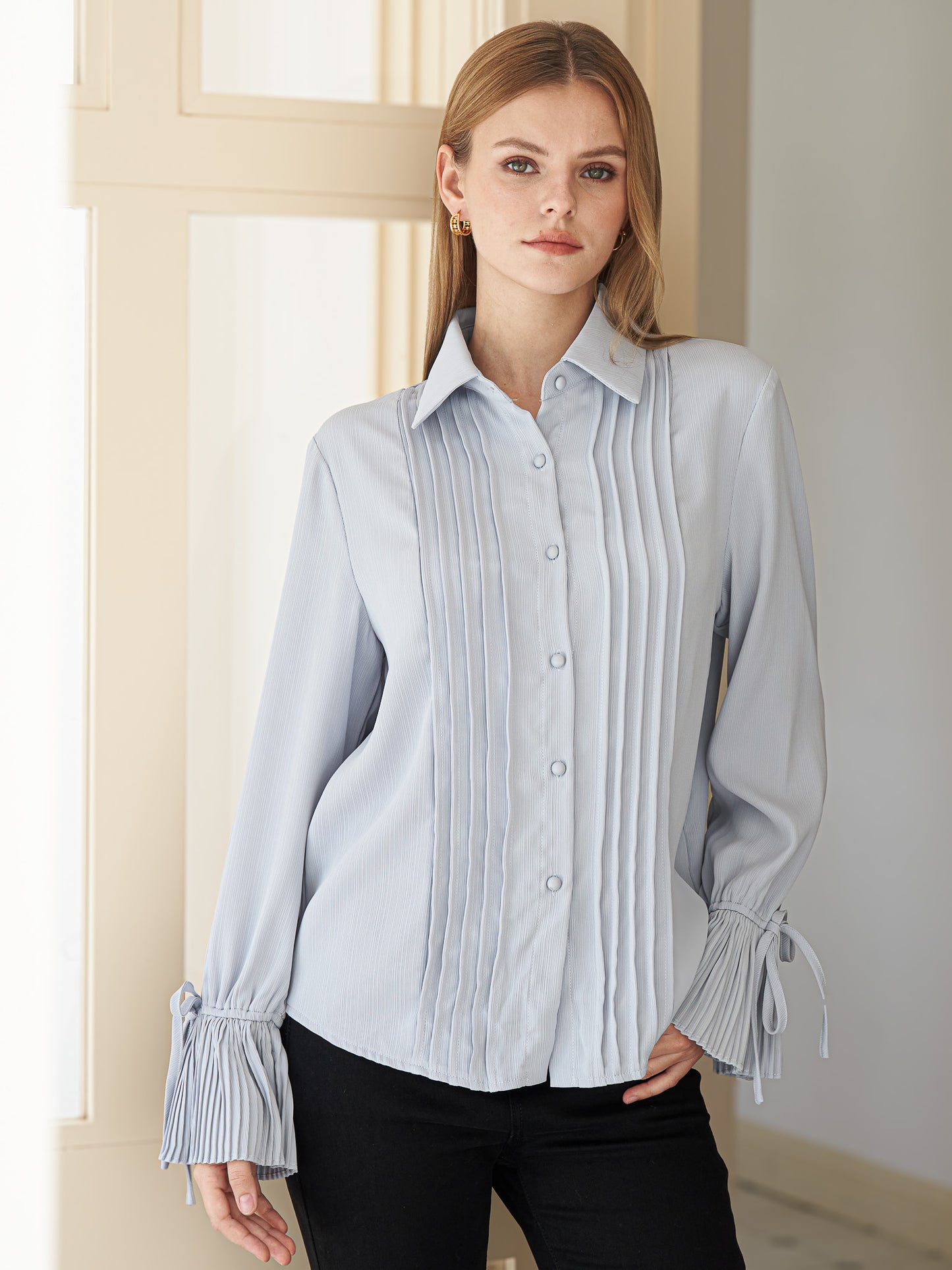 Pleated Cuff Button-Up Blouse (2S-2M-2L)