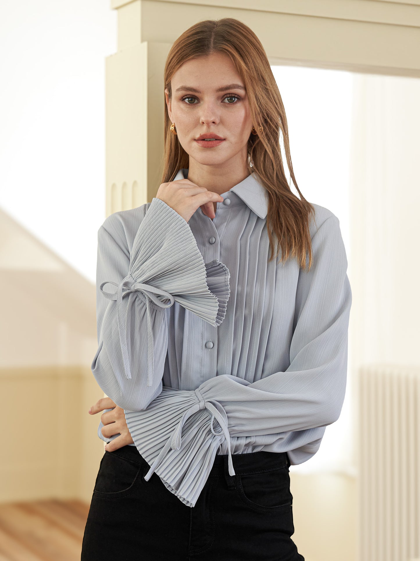 Pleated Cuff Button-Up Blouse (2S-2M-2L)