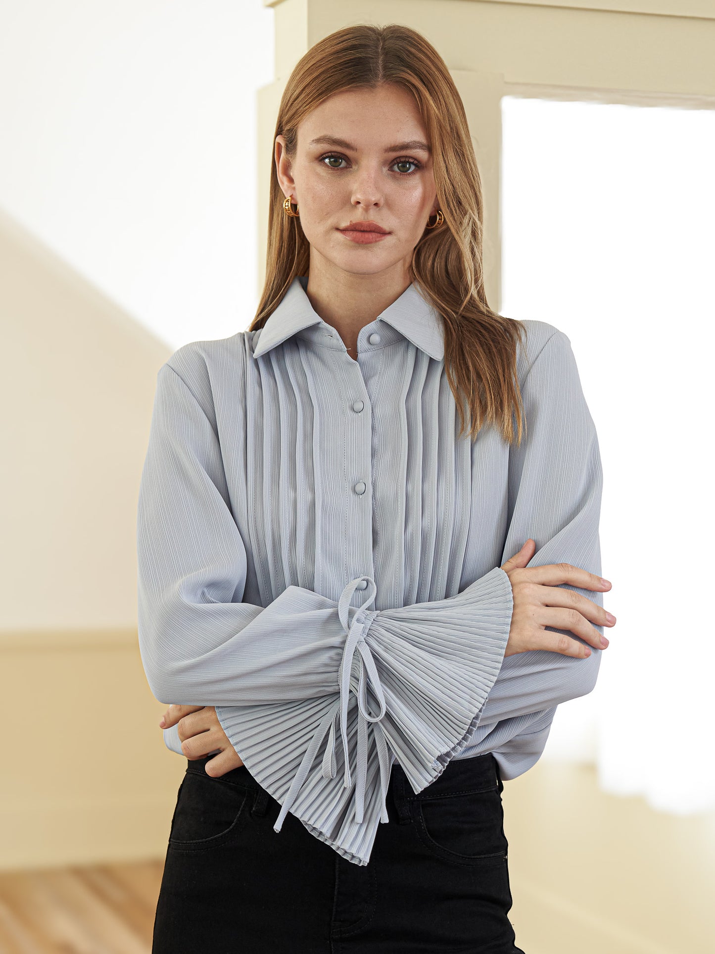 Pleated Cuff Button-Up Blouse (2S-2M-2L)