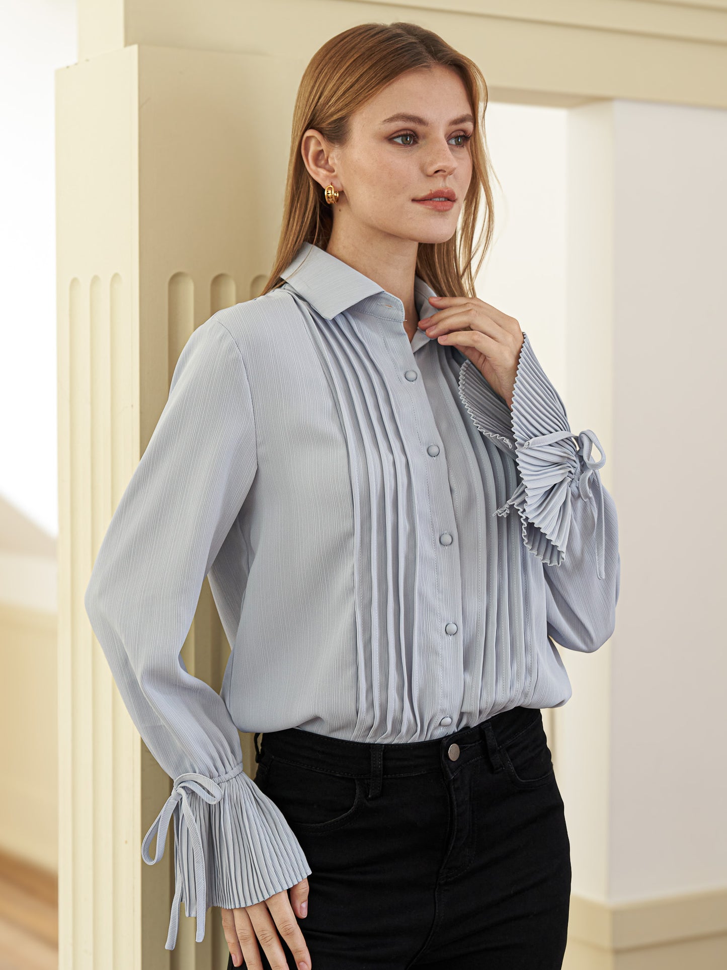 Pleated Cuff Button-Up Blouse (2S-2M-2L)