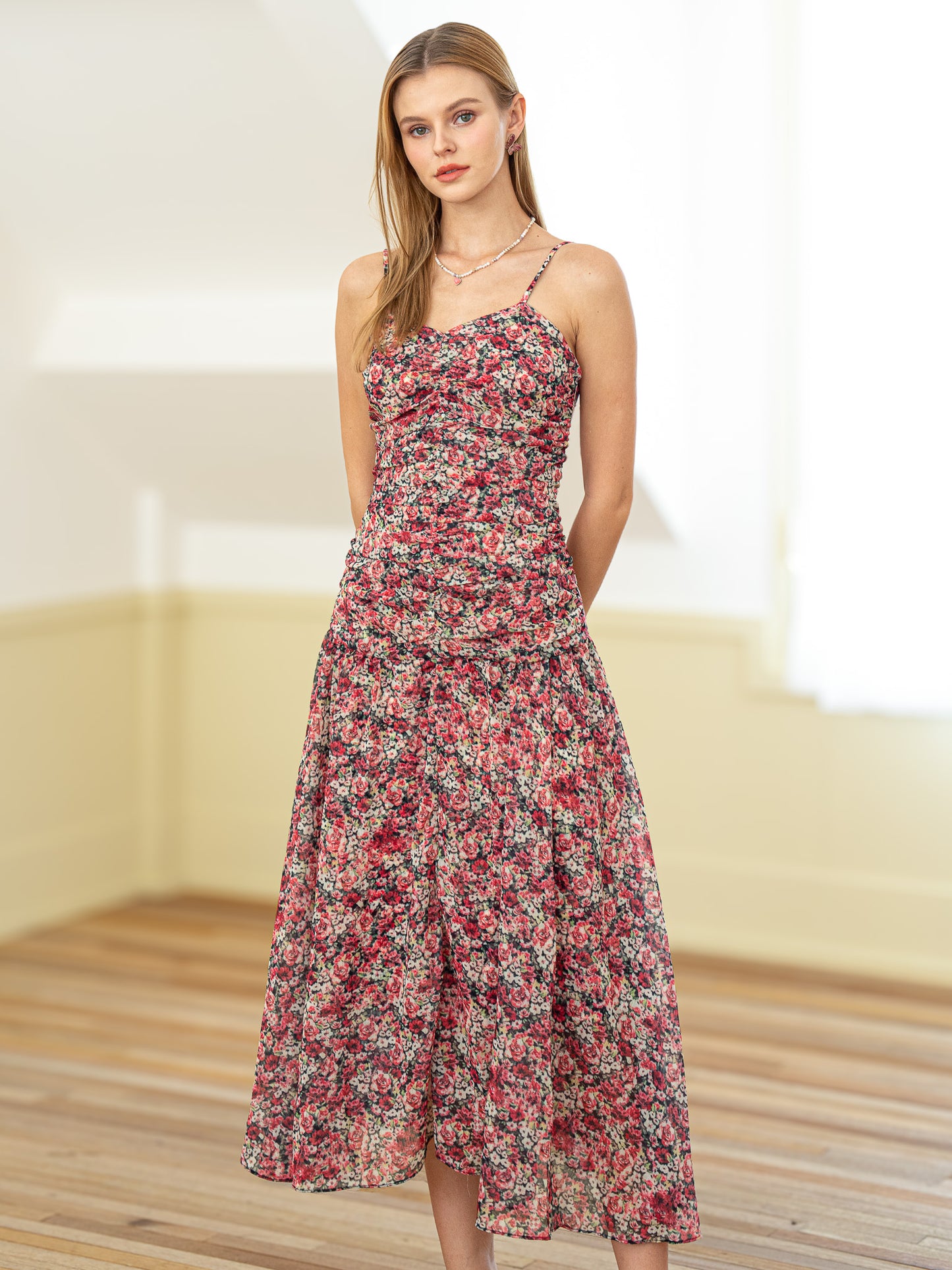 Deep Scarlet Floral Ruched Dress (2S-2M-2L)