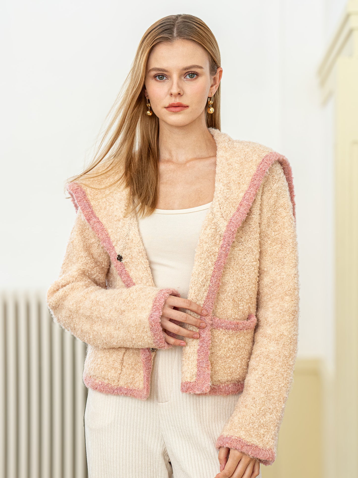 Wool Blend Cozy Blush-Trimmed Sweater Jacket (2S-2M-2L)