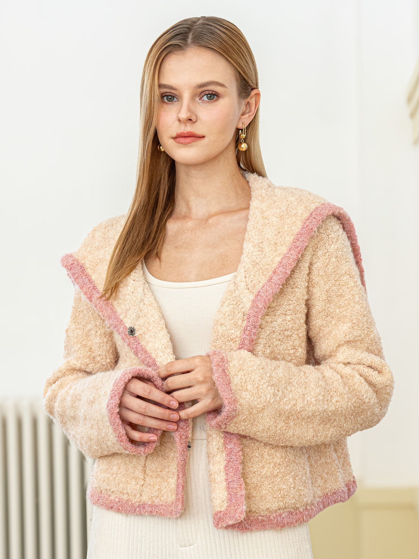 Wool Blend Cozy Blush-Trimmed Sweater Jacket (2S-2M-2L)