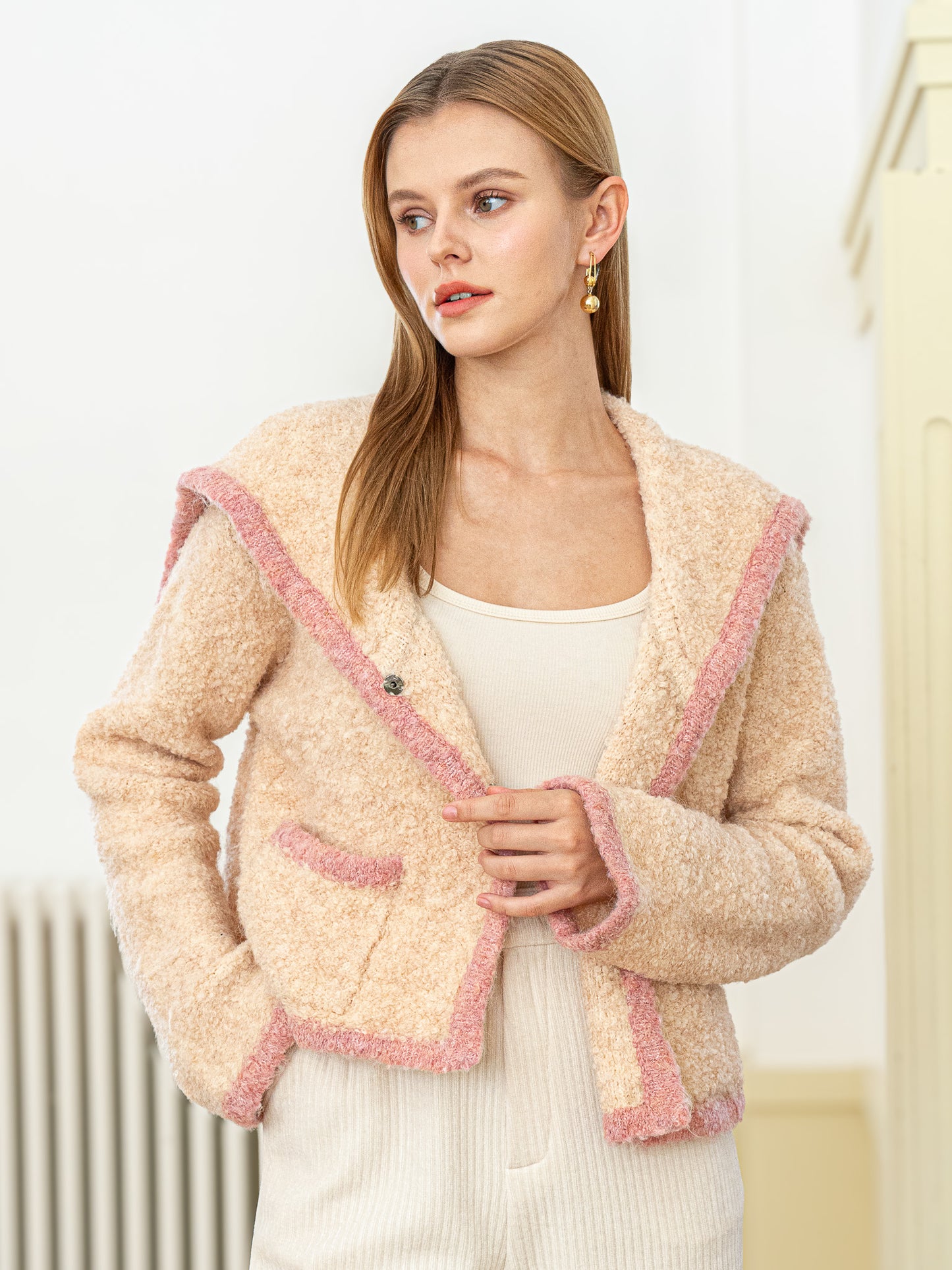 Wool Blend Cozy Blush-Trimmed Sweater Jacket (2S-2M-2L)