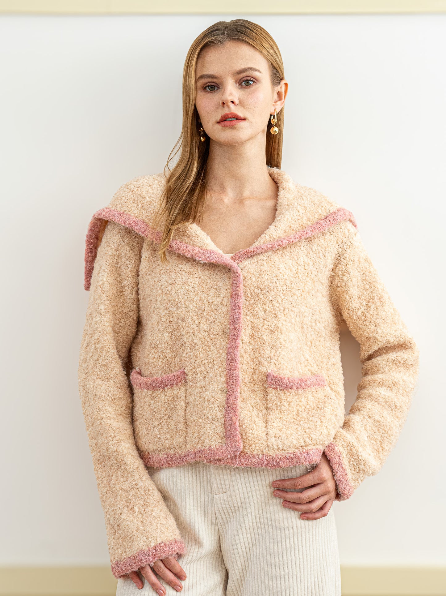 Wool Blend Cozy Blush-Trimmed Sweater Jacket (2S-2M-2L)