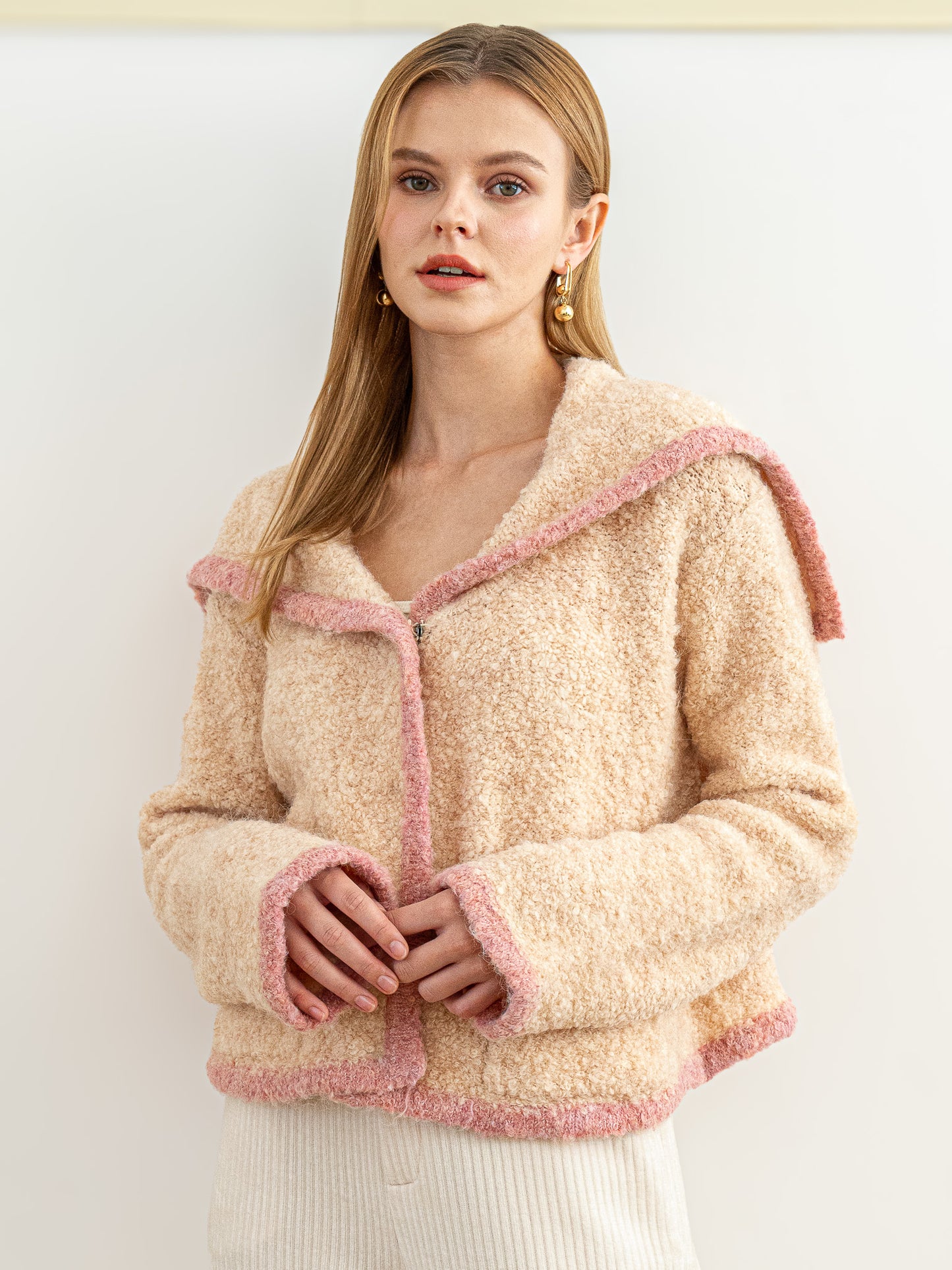 Wool Blend Cozy Blush-Trimmed Sweater Jacket (2S-2M-2L)