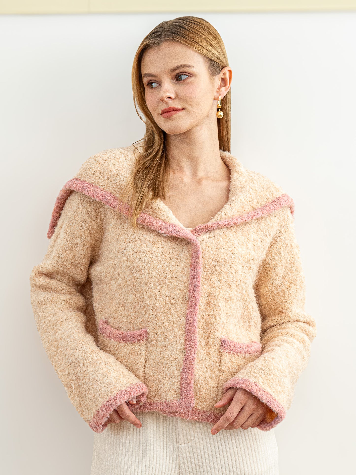 Wool Blend Cozy Blush-Trimmed Sweater Jacket (2S-2M-2L)