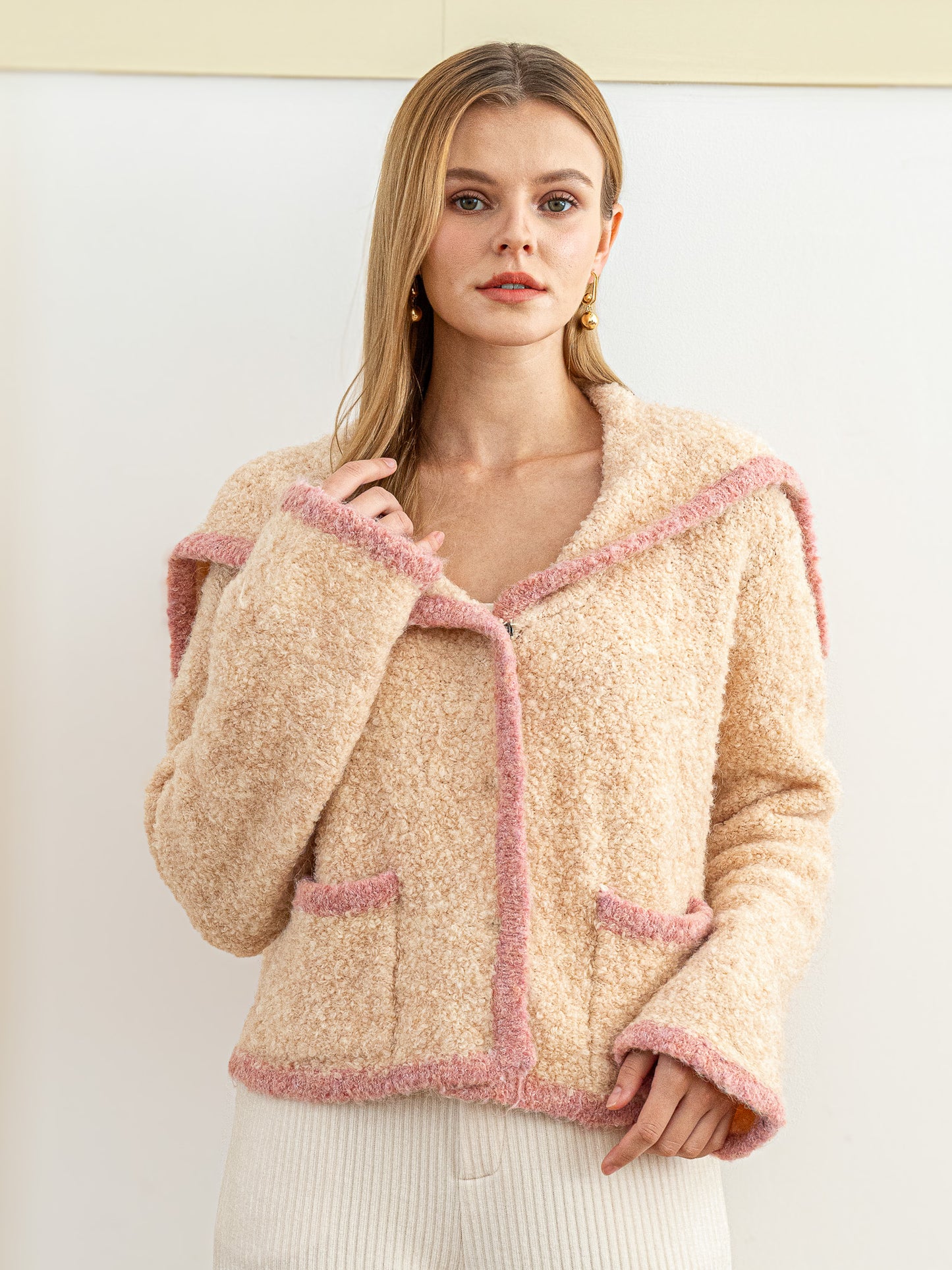 Wool Blend Cozy Blush-Trimmed Sweater Jacket (2S-2M-2L)