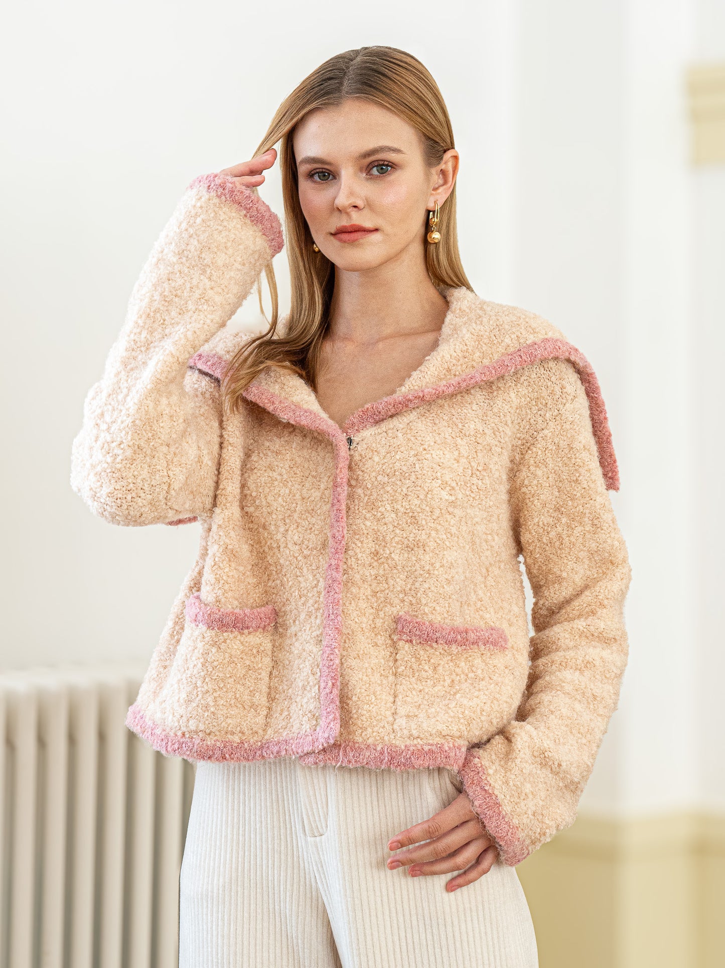 Wool Blend Cozy Blush-Trimmed Sweater Jacket (2S-2M-2L)