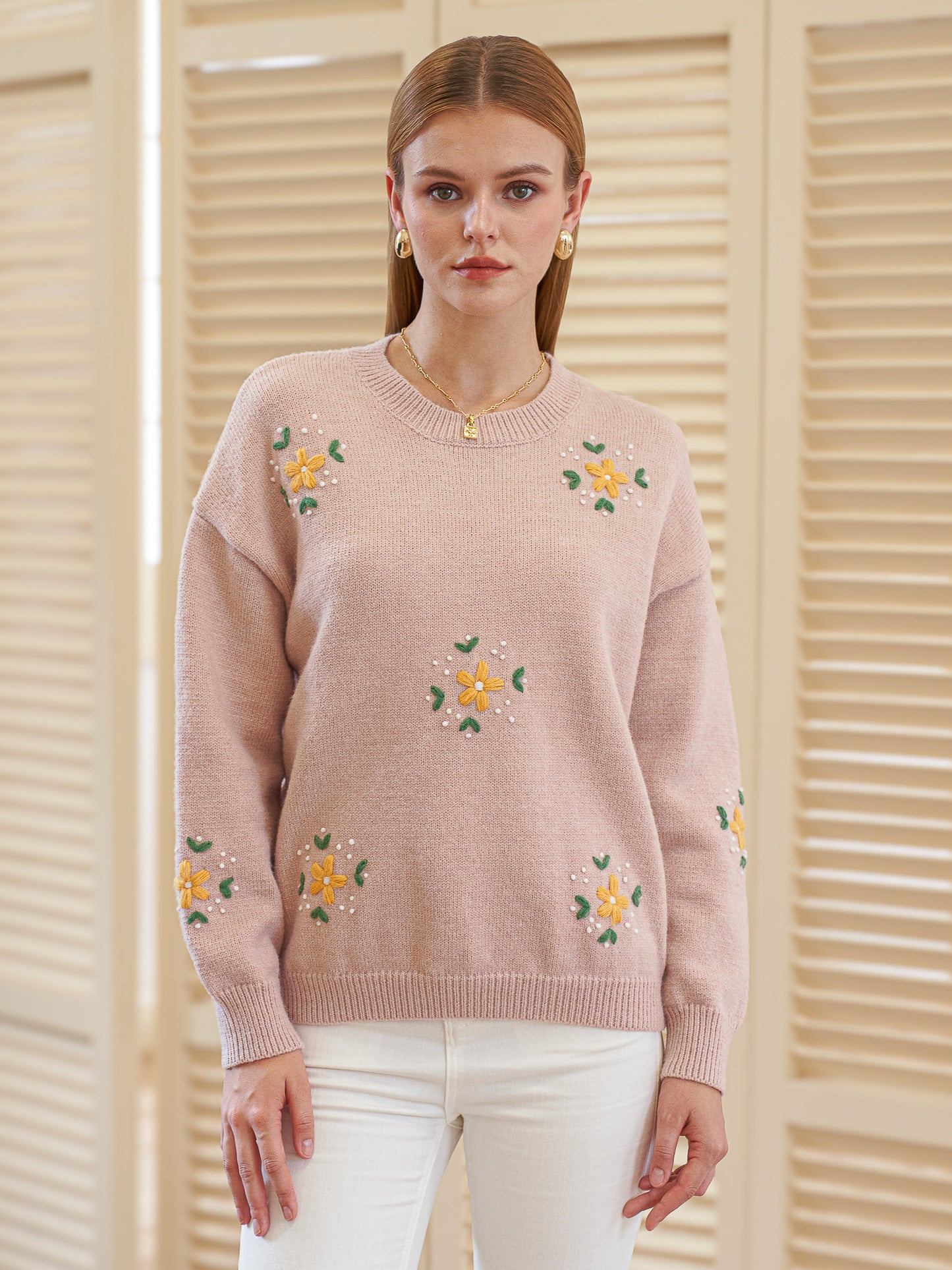 Light Pink Sweater with Embroidered Flowers (2S-2M-2L)