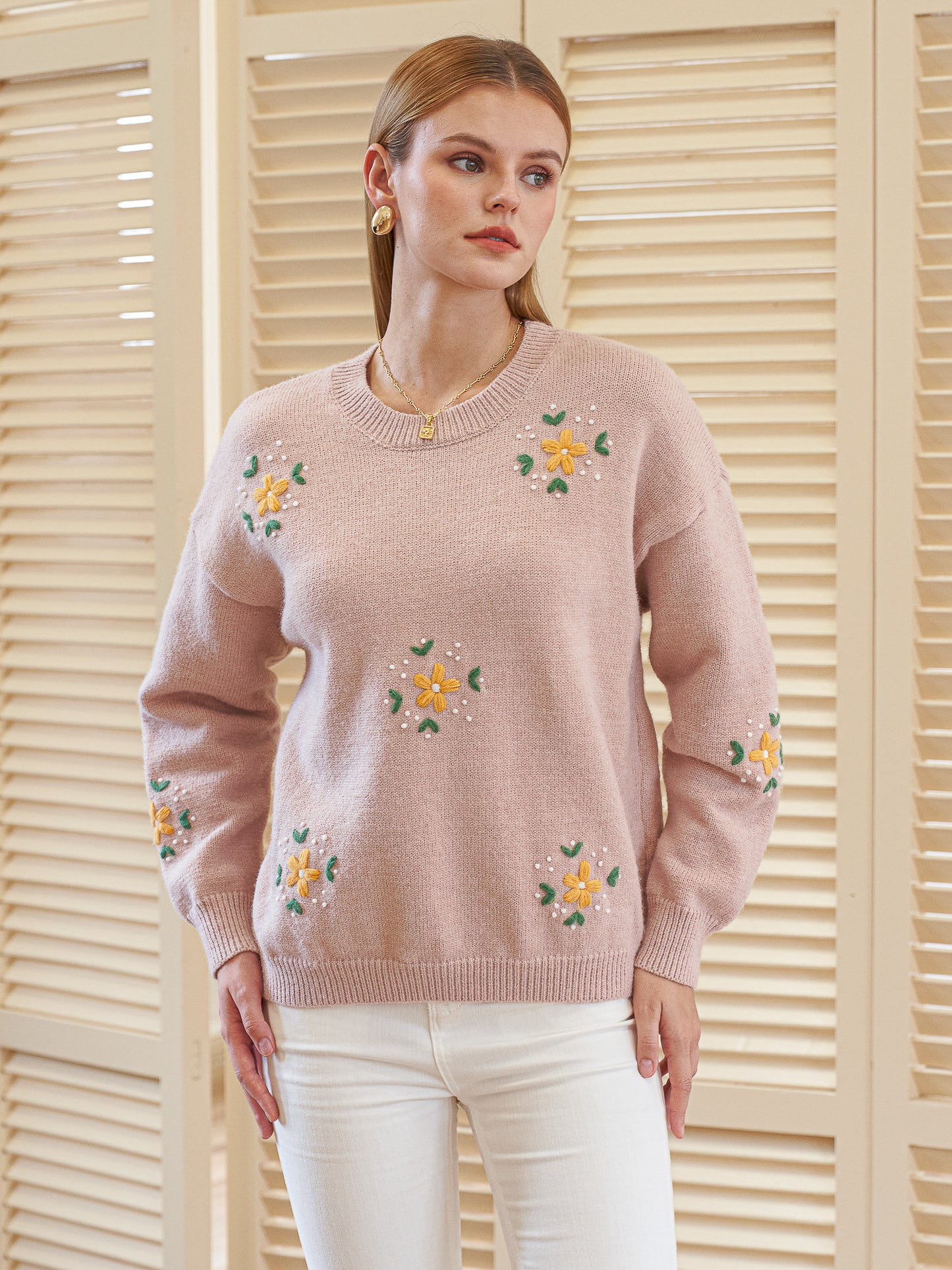 Light Pink Sweater with Embroidered Flowers (2S-2M-2L)