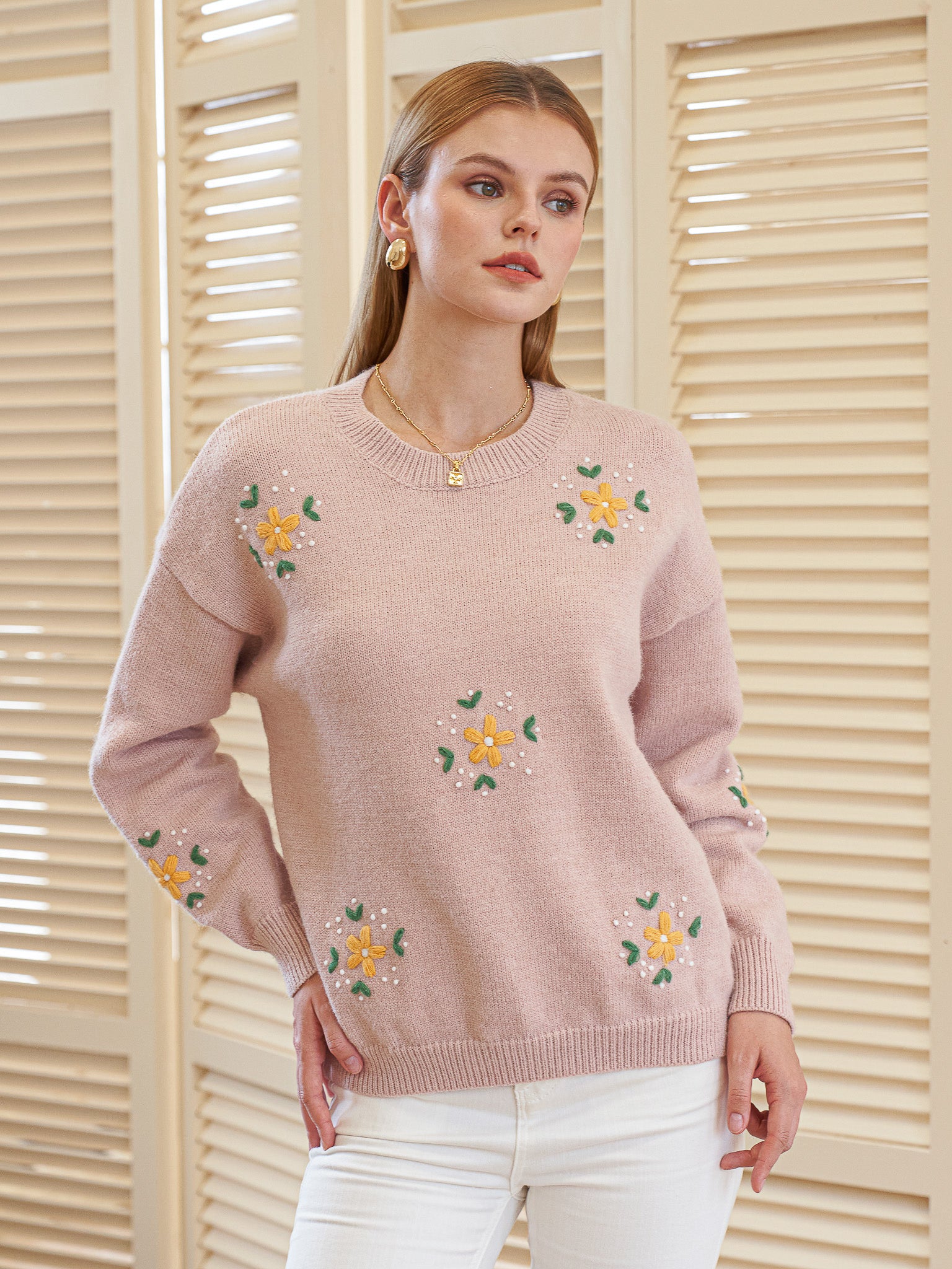 RP2428 - Light Pink Sweater with Embroidered Flowers (2S-2M-2L)